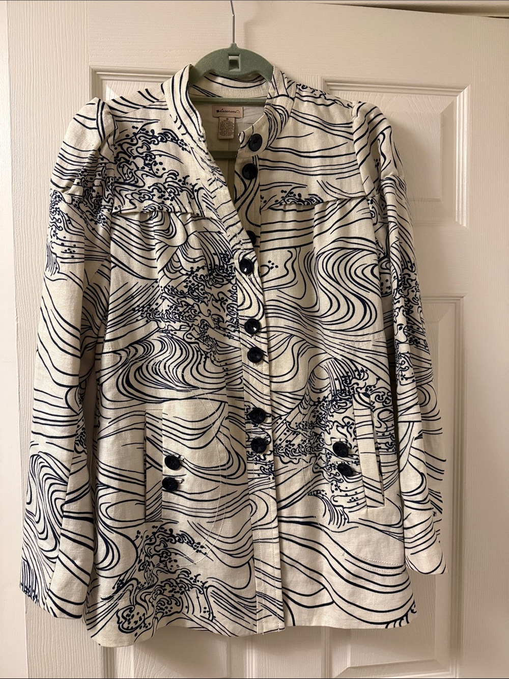 elevenses by Anthropologie Cream Jacket with Navy Wave Print